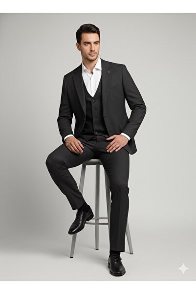 SÜVARİ Slim Fit Vest Set Dobby Pattern Black Suit