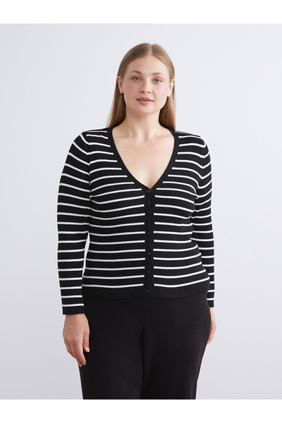LC Waikiki Classic Black V-Neck Striped Women's Knitwear Cardigan