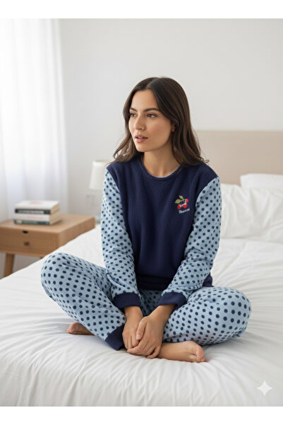 FAMES PİJAMA Winter Fleece Pajama Set Navy Blue Polka Dot