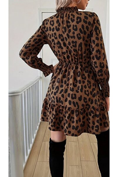 JANES Γυναικείο μίνι φόρεμα με μακρύ μανίκι με λεοπάρ στάμπα