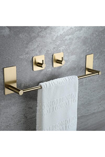Taozun Gold Self-Adhesive Towel Bar with 2 Hooks, 16-Inch Brushed Brass