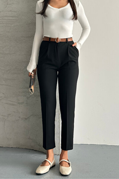 macharel jeans Women's Skinny Leg Pleated Belted Fabric Cigarette Pants