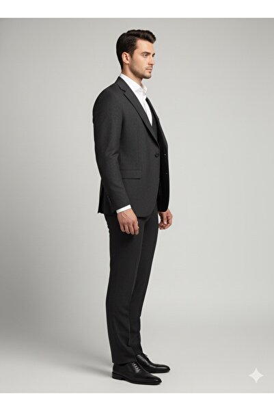 SÜVARİ Slim Fit Vest Set Dobby Pattern Black Suit