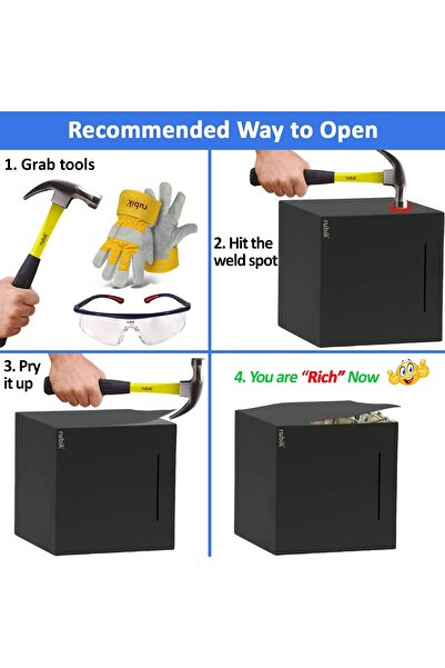 RUBIK 15cm Piggy Bank for Adults, Stainless Steel, Must Break to Access Savings (Black)