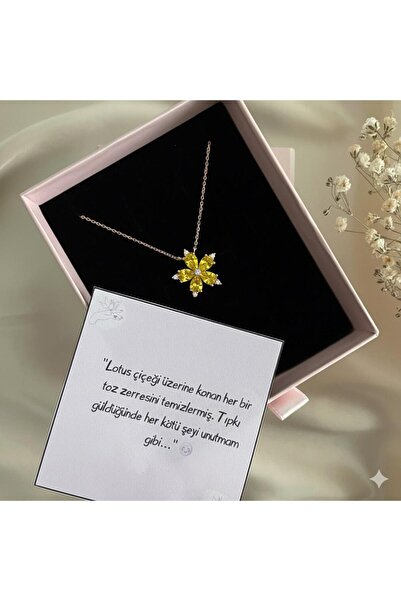 Lovera Jewellery 925 Ayar Gümüş Sertifikalı Rose Renk Sarı Taşlı Lotus Çiçeği...