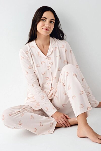 Pierre Cardin Women's Pink Long Sleeve Shirt Collar Pajama Set