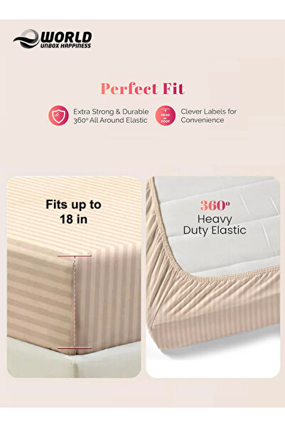 Eworld Queen Size Striped Microfiber Fitted Bedsheet, Deep Pocket, Breathable & Washable
