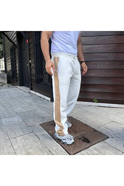 GökTR Men's Three Thread Winter Cotton Side Trim Thick Beige Striped Pocket Sweatpants - White