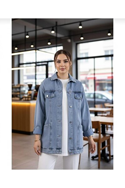 Hb Harma Time Butik Women's Pocket Detailed Denim Blue Denim Jacket