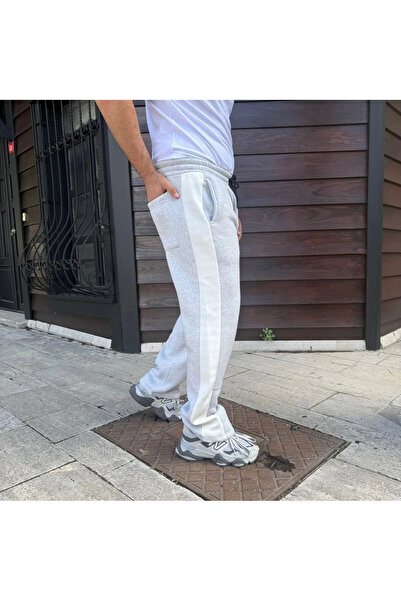 GökTR Men's Three Thread Winter Cotton Side Trim Thick Beige Striped Pocket Sweatpants - Gray