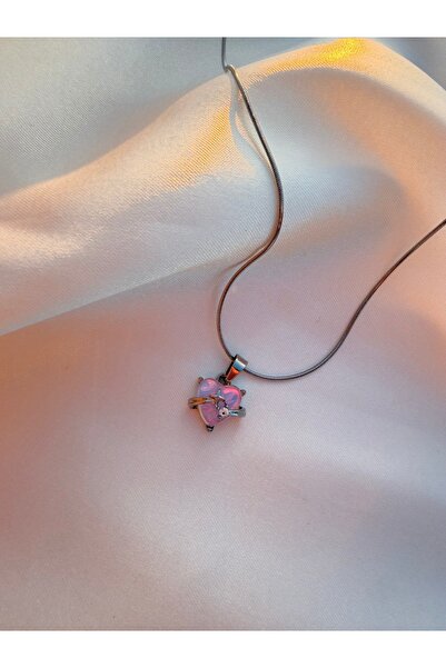 Eylülün Takısı Romantic Pink Heart Silver Model Steel Necklace