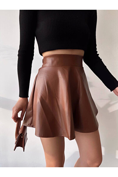 Zerenyus Elastic Waist Leather Skirt Brown