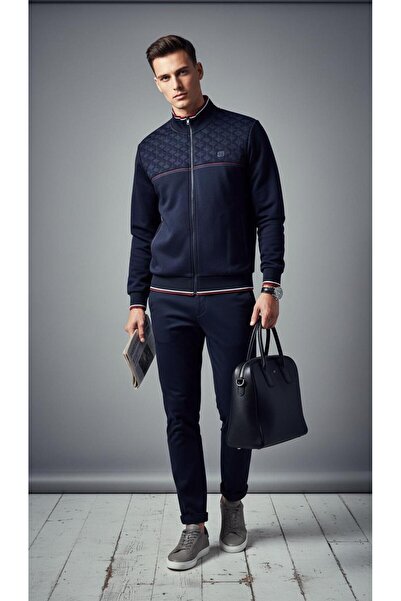Plus Scorpion Men’s Navy Jacket, Premium Model, With Zipper, Red Details, and Geometric Pattern.