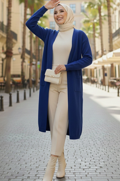 benguen Long Knit Cardigan with Pockets R7145 Navy Blue