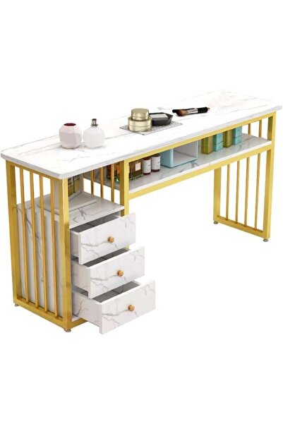 DubaiGallery Manicure Nail Table - Marble Texture with 3 Storage Drawers (White/Gold)
