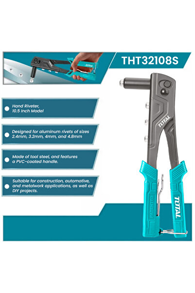 TOTAL Hand Riveter THT32108S 10.5 Inch Rivet Tool for 2.4mm to 4.8mm Aluminum Rivets