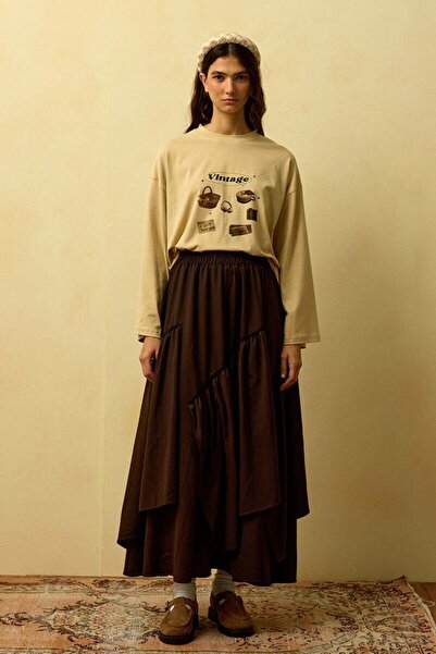 Ceylan Otantik Beige Vintage Printed Basic Body & Bitter Brown Polyviscon Bohemian Floor Skirt Set