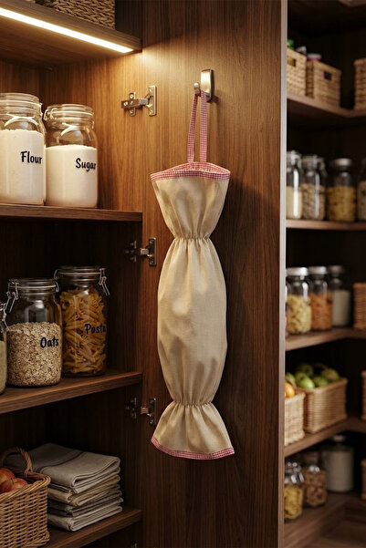 YUNUSOĞLU HOME Pink Piped Beige Color Bag Holder – Kitchen Organizer Hanging Bag – 50 cm Cloth Bag Storage Bag