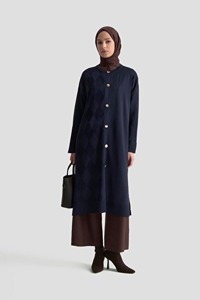 Armine TREND Baklava Patterned Knit Cardigan, Navy Blue, 25Ytd4124