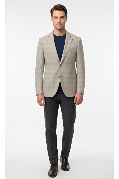 SÜVARİ Slim Fit Square Patterned Textured Beige Single Jacket