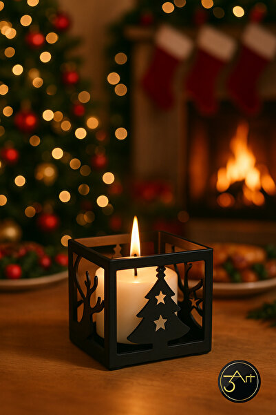 3art Metal Çam Ağacı & Geyik Desenli Dekoratif Metal Mumluk - Ev & Yılbaşı Sü...