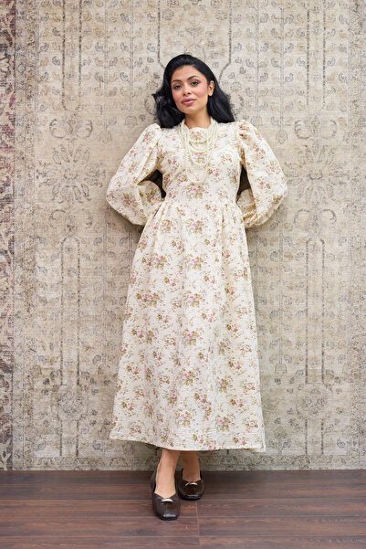 KÜÇÜĞÜM BUTİK Vintage Cream Floral Seersucker Pleated Long Women's Dress