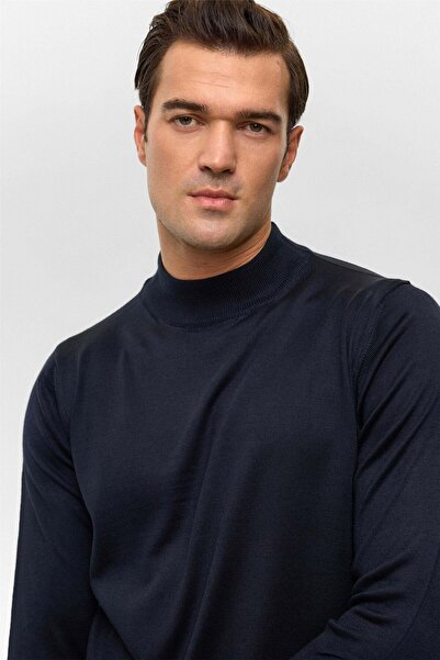 SÜVARİ Wool Acrylic Half Turtleneck Navy Blue Men's Sweater Tr2013700485