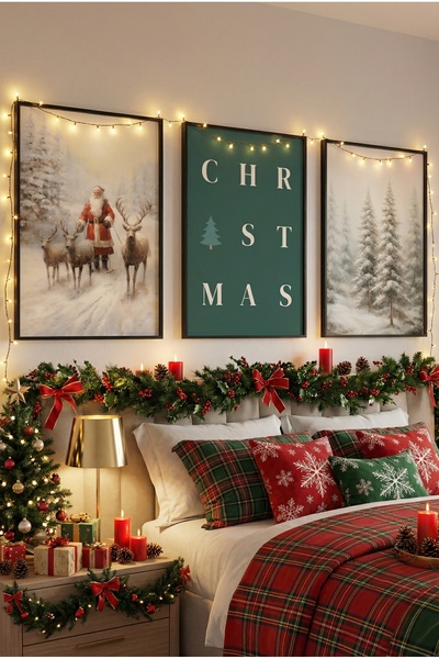 Wooden Factory New Year Themed 3 Piece Framed Painting Set, New Year Themed Wall Decoration