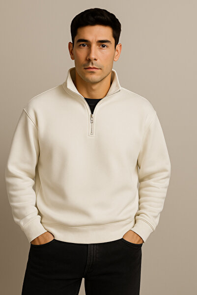 Relax family xf Men's Mock Neck Half Zipper Sweatshirt 3 Thread Thick Relaxed Fit Sweatshirt