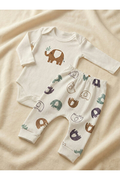 Nayinom %100 Pamuklu Fil Desenli Fitilli Yumuşak 2'li Bebek Takımı (Zıbın ve ...
