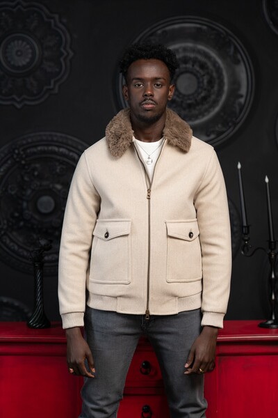 AKÇAYLAR Slimfit Fur Collar Fixed Collar Elastic Waist Lined Cashmere Coat