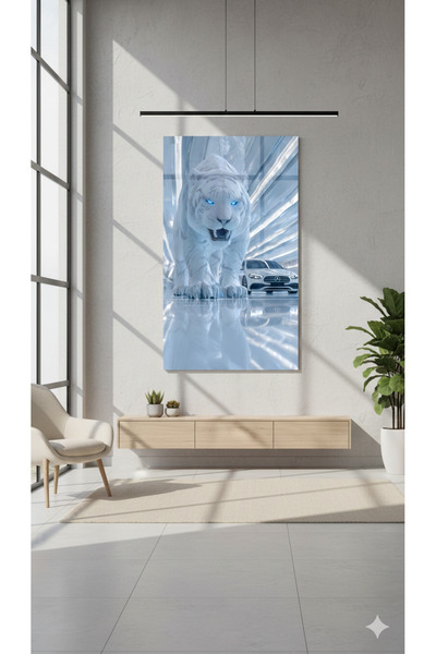 BLT DİZAYN White Tiger and Car Concept Glass Painting