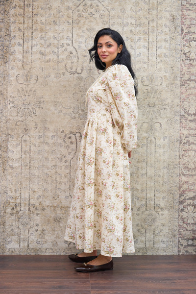 KÜÇÜĞÜM BUTİK Vintage Cream Floral Seersucker Pleated Long Women's Dress