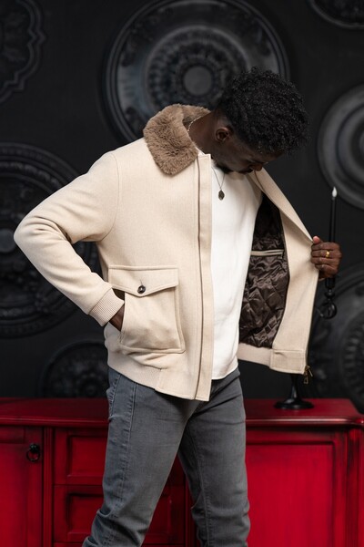 AKÇAYLAR Slimfit Fur Collar Fixed Collar Elastic Waist Lined Cashmere Coat