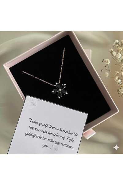 Lovera Jewellery 925 Ayar Gümüş Rose Renk Siyah Taşlı Lotus Çiçeği Kolye