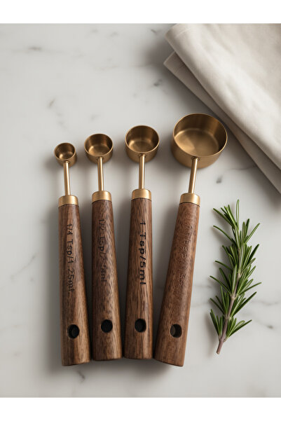 Hagen Set of 4 Walnut Wood Handle Measuring Spoons 1.25/2.5/5/15ml Premium Gold Yellow Measuring Spoons