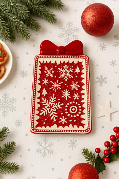 NEWNOW Christmas Themed Red Ceramic Plate – Snow Pattern Presentation and Serving Plate in the Shape of a Gift