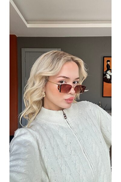 Angel Eyes Brown Glass Leopard Pattern Detailed Rectangular Sunglasses