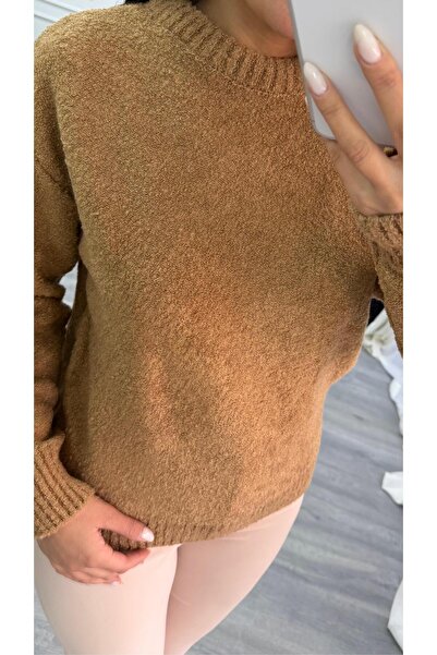 Daves Crew Neck Plain Long Sleeve Women's Knitwear Sweater-Brown