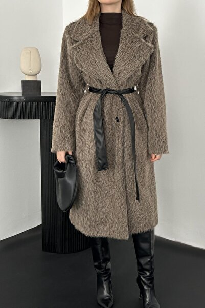 Elbee Fashion Woman Gray leopard detailed leather belted coat