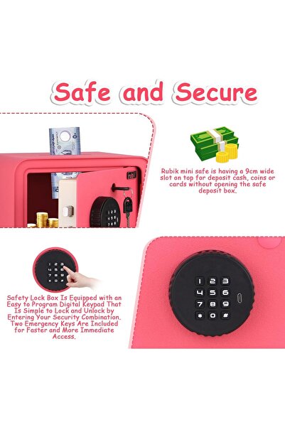 RUBIK Piggy Bank Safe with Digital Password and Key Lock (18x24x16cm) - Pink
