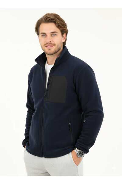 fh fashionhere Men's Full Zippered Navy Blue Fleece Jacket with 3 Front Pockets and Pocket Detail