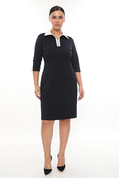 etselements White Collar and Sleeve Detailed Zippered Sports Dress 154 Navy Blue