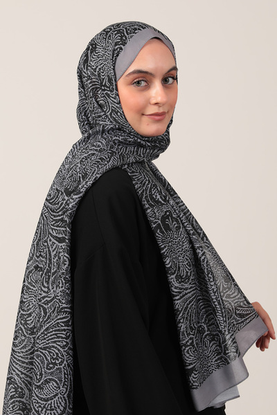 ipekistanbul Cotton Silk Shawl - Lalezar Pattern - Black Smoked