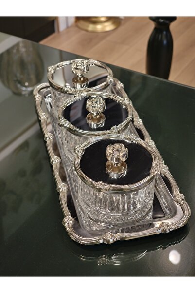 P&ORA PREMIUM KITCHEN PRODUCTS New Rose-Detail Silver 3-Piece Set, Includes a Tray, a Jelly Bowl, a Marmelade Bowl, and a Snack Bowl