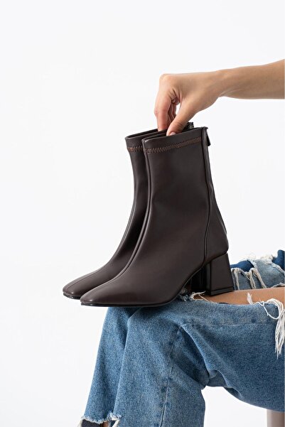 Velisse Kadın Topuklu Bot Kahverengi Streç Arkadan Fermuarlı