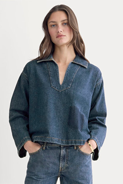 Setoso V Yaka Yama Cep Detaylı Oversize Denim Bluz Üst - Yıkamalı Kot Üst.