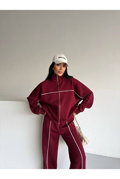 VESS MODA Women's Compak Combed Cotton 3-Thread Inner Ş Fleece-Lined Intermediate B Piped Double Tracksuit Set