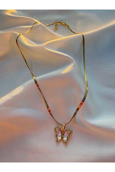Eylülün Takısı Sparkling Stone Butterfly Gold Color Steel Necklace