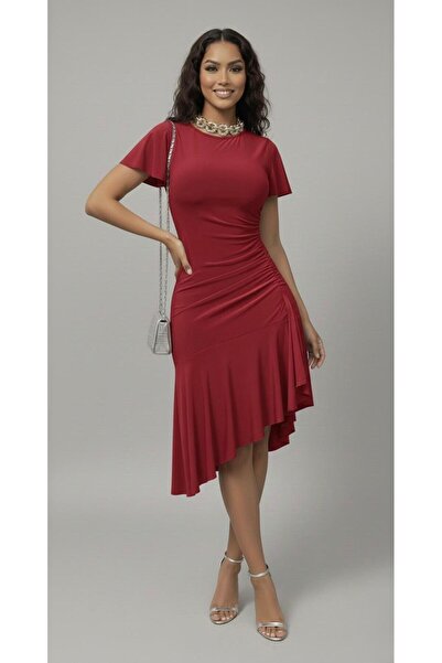 Cockatoo New Season Gray Draped Skirt Ruffle Detailed Asymmetrical Cut Short Sleeve Stylish Design Dress